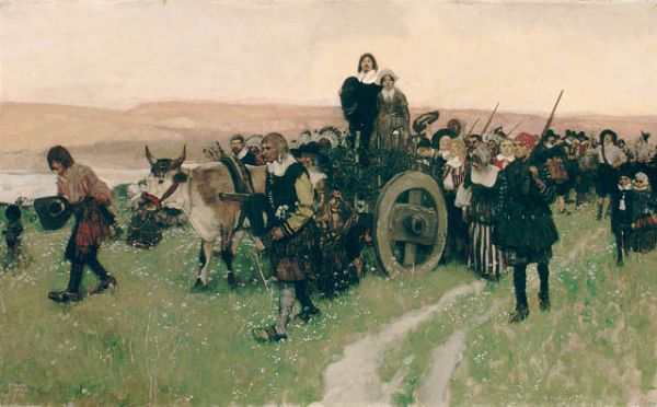 Samuel de Champlain débarquant à Québec accompagné de son épouse Hélène Boullé pour qui ce fut le premier et seul séjour en Nouvelle-France.